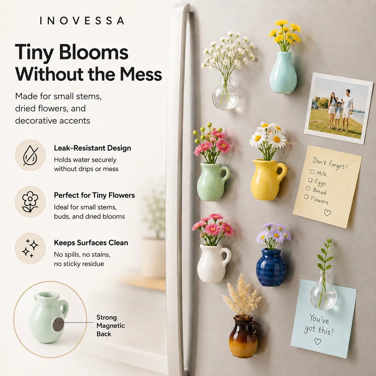 Inovessa tiny flower vases and holders on a refrigerator with promotional text.