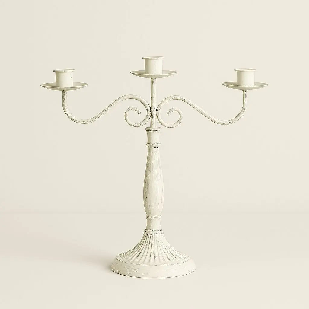 Metal candelabra ornate scrollwork design weighted base elegant dining table wedding decoration