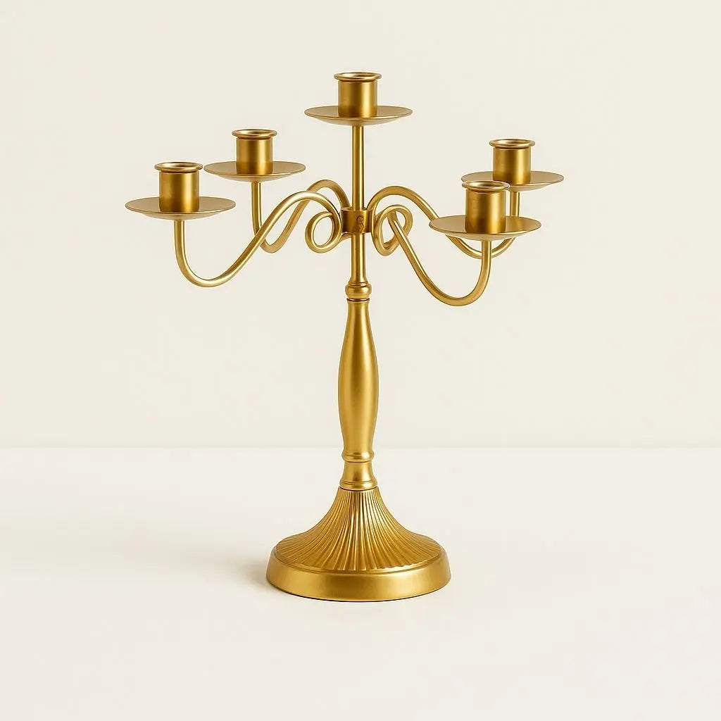 Elegant metal candle stand with scrollwork base holds 1 3 or 5 taper candles
