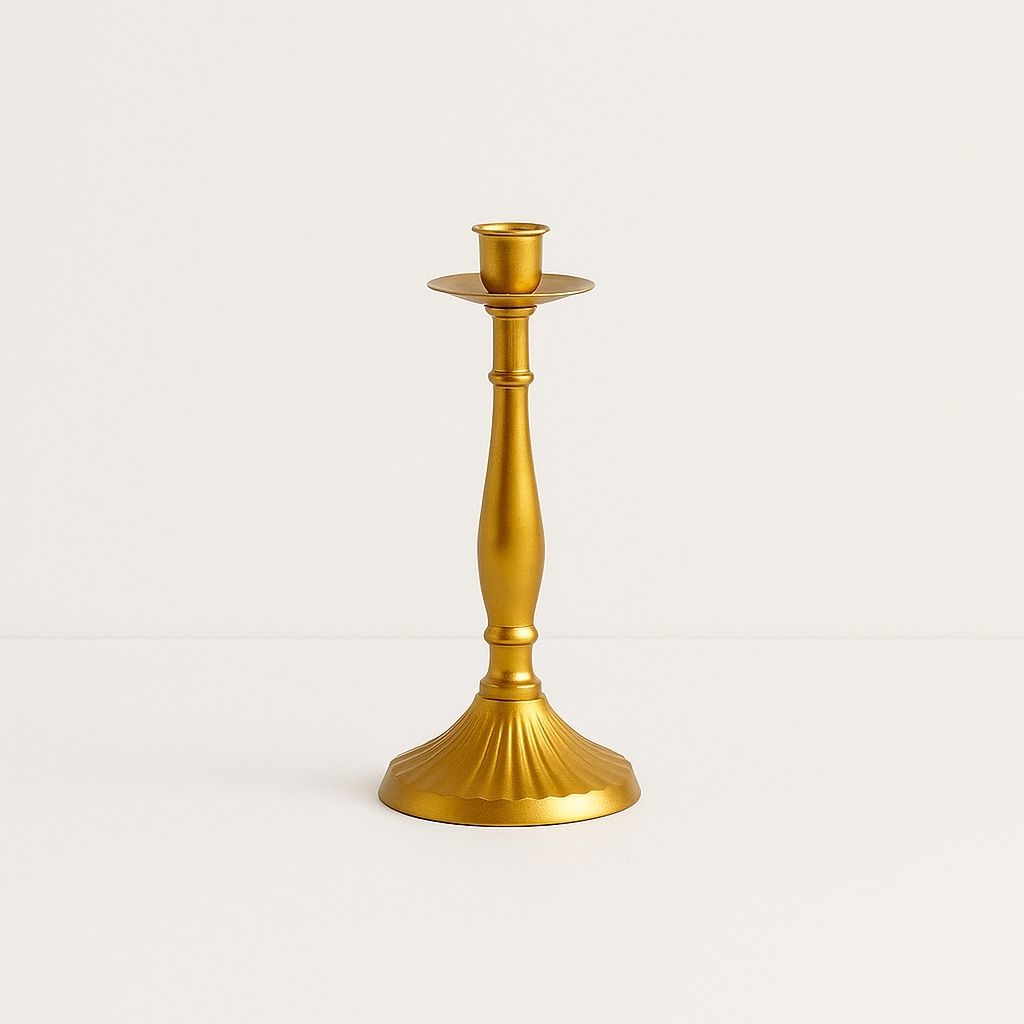 Metal candle holder top view showing candle cups ornate scrollwork base wedding table centerpiece