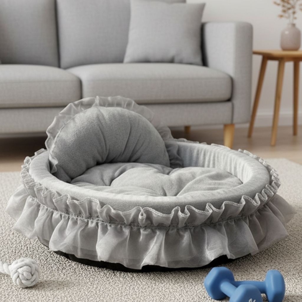 Cushioned cat bed with plush interior and ruffled trim detail