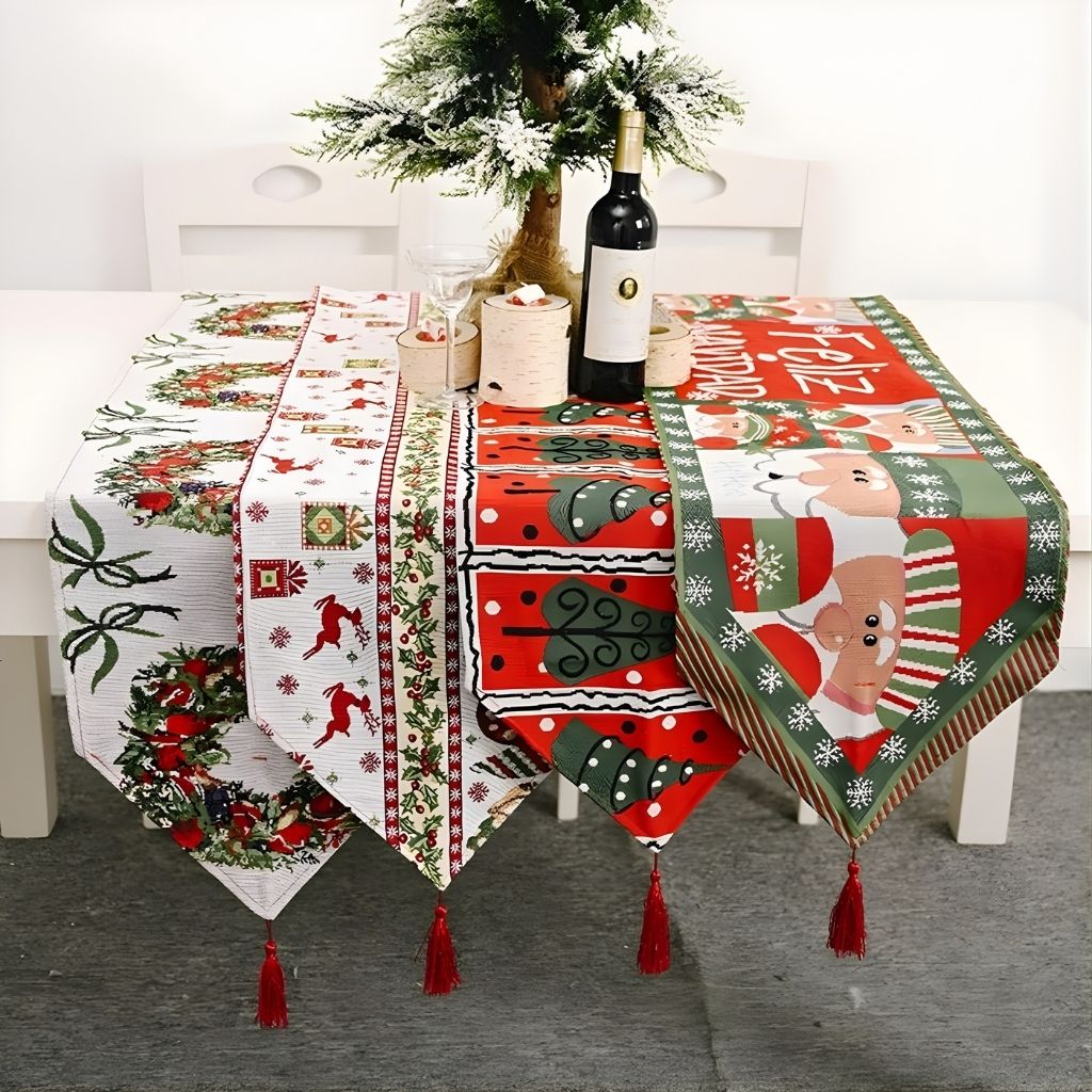 Holiday table runner with tapestry print and tassel edges on dining table