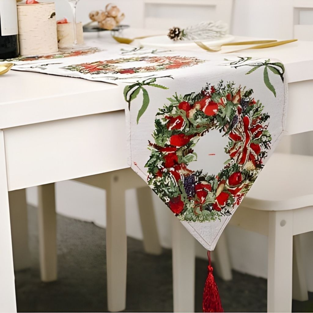 Tassel edge table runner with vibrant seasonal print on wooden surface