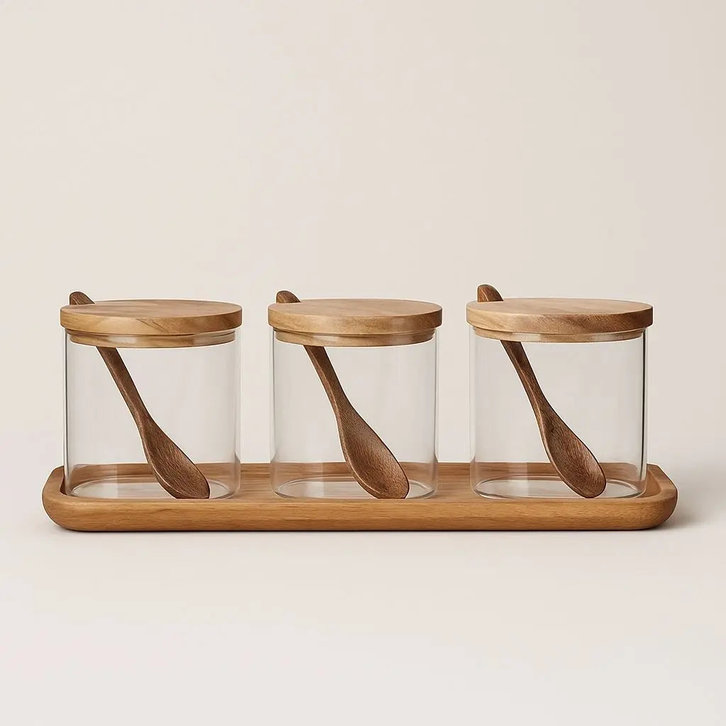 Glass spice jars with wooden lids for airtight kitchen storage and spice organization.