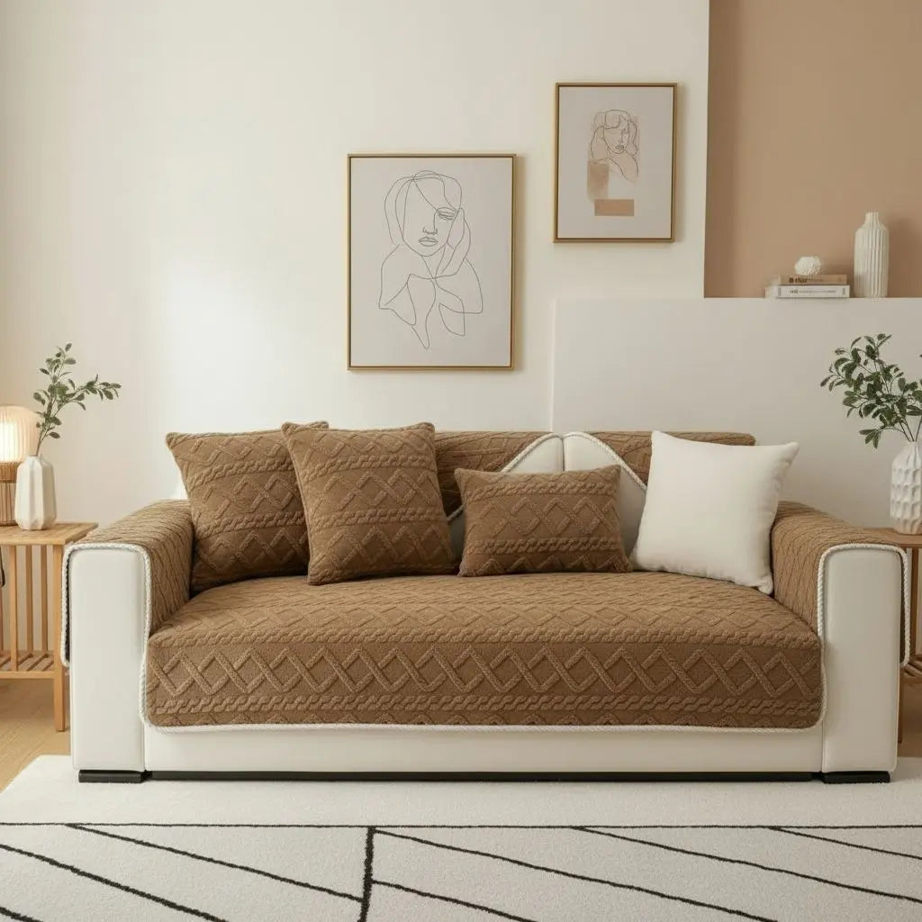 Plush geometric couch protector offering soft comfort for modern interior styling