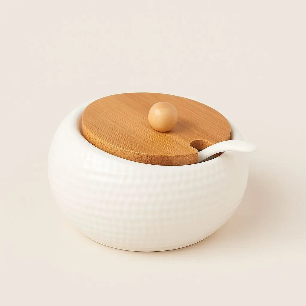 Ceramic seasoning jar with bamboo lid and wooden spoon for organized spice storage in modern kitchens