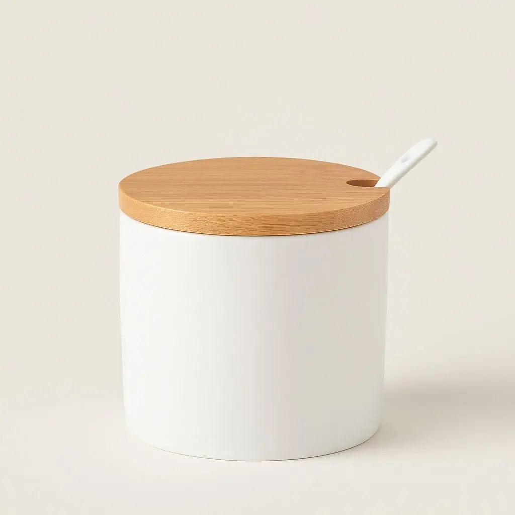 Durable ceramic spice jar featuring bamboo lid and integrated spoon slot for convenient kitchen organization