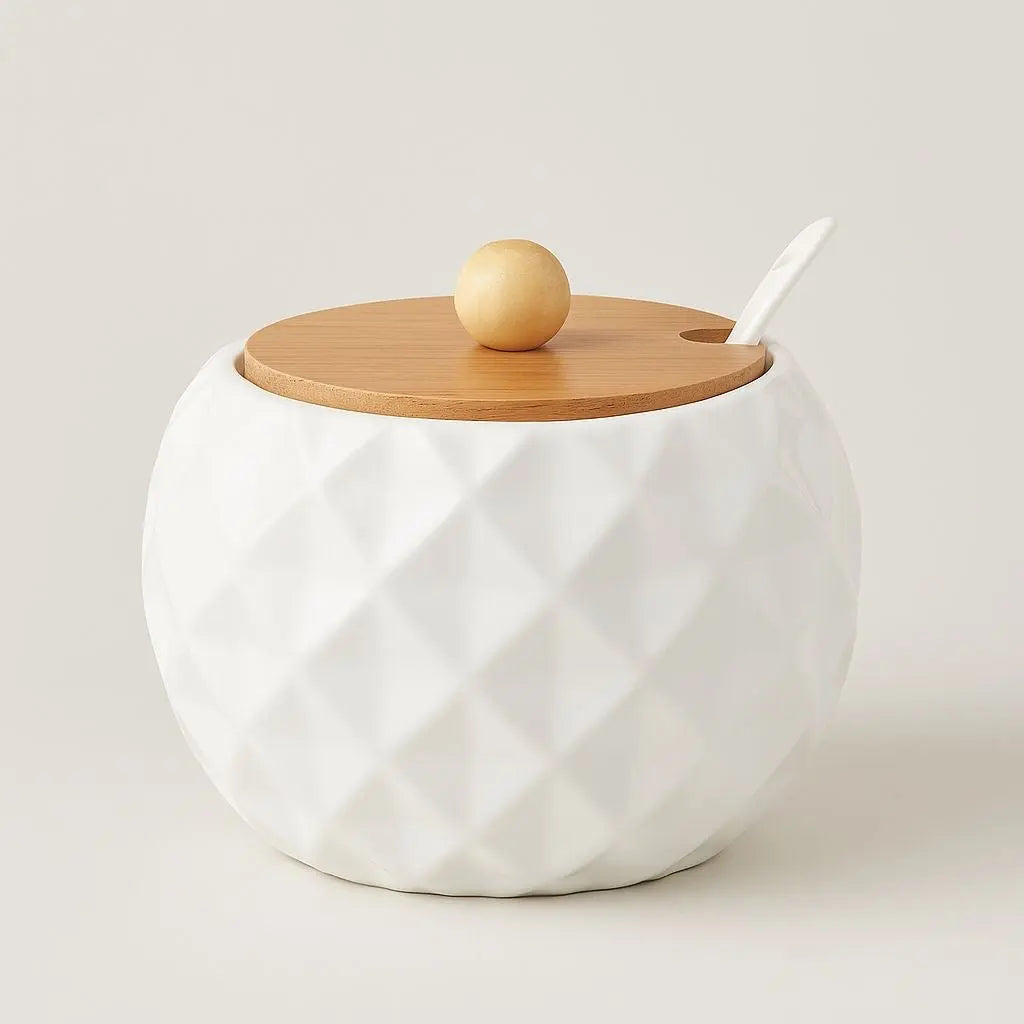 Kitchen storage jar made from durable ceramic with bamboo lid for organized spice and condiment storage
