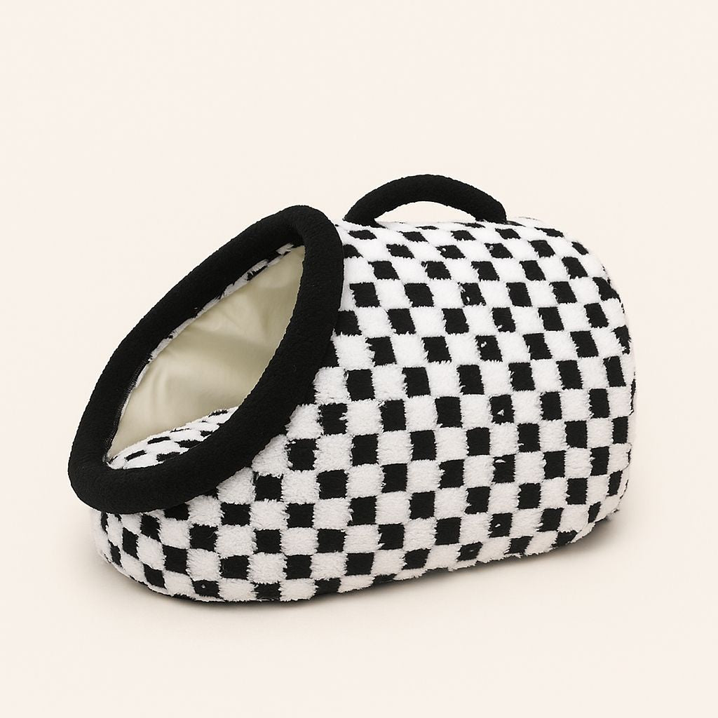 Black and white checkered semi enclosed pet bed with soft plush interior and padded base