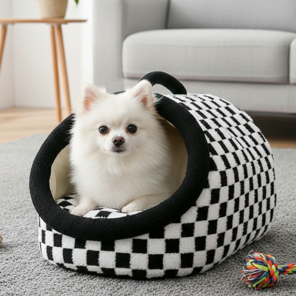 Side view of checkered fabric pet bed showing semi enclosed structure with open front entrance