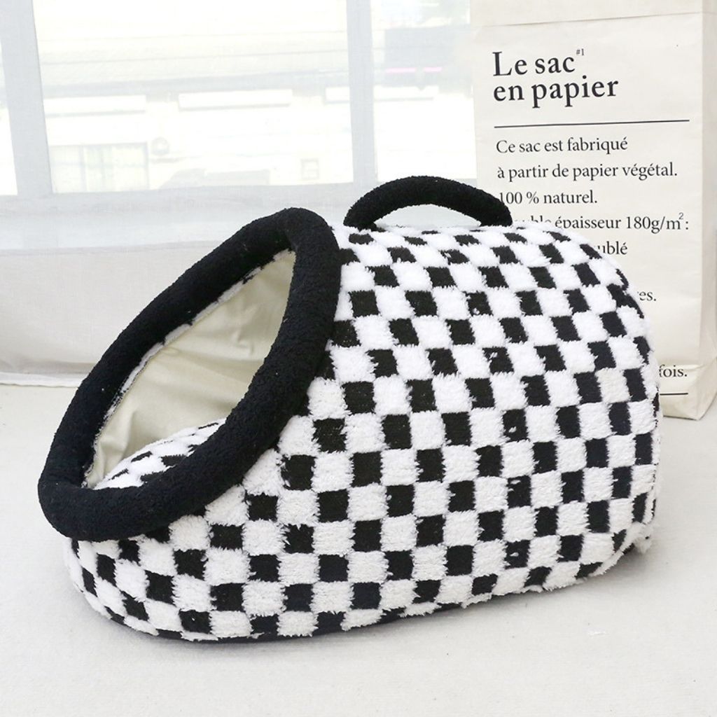 Checkered semi enclosed cat bed with non slip bottom and breathable design for all seasons