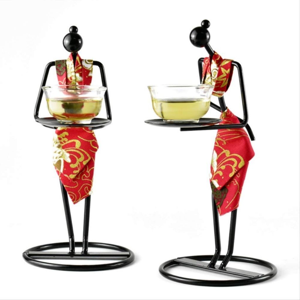 Asian tea ceremony figure with LED candle light holder for ambient home lighting
