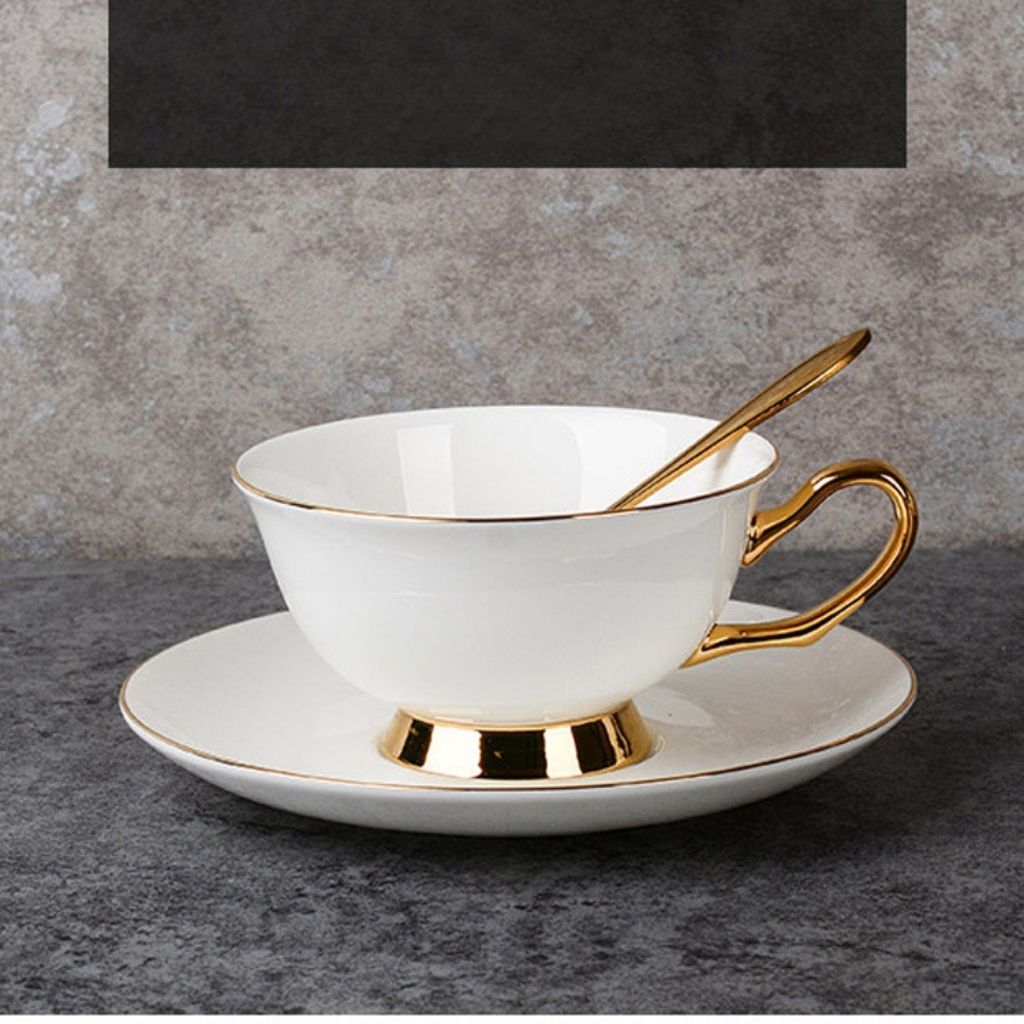 Hand painted gold trim bone china tea set with glossy white finish