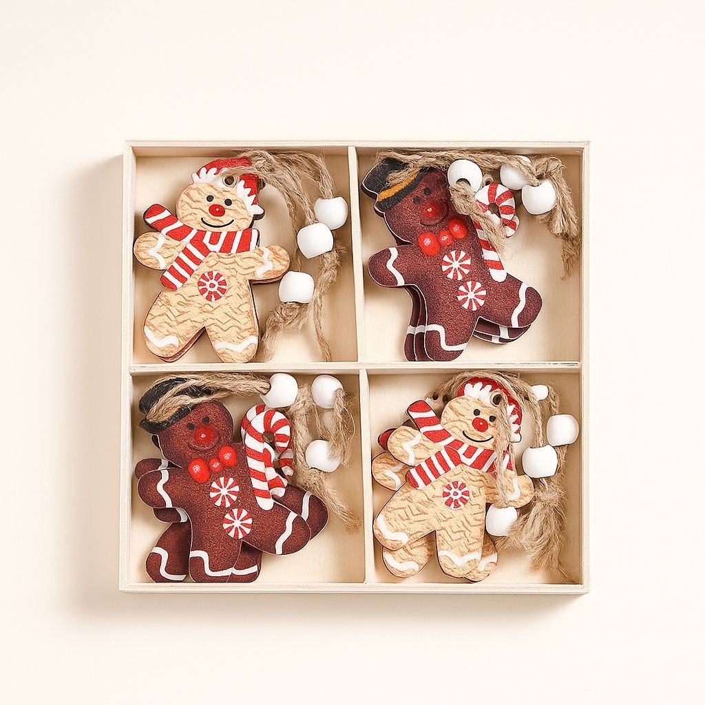 Wooden gingerbread ornaments with cartoon faces and festive details arranged on