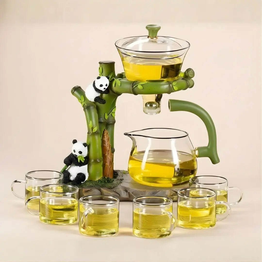 Complete glass and bamboo tea set for 6 with panda design and serving tray