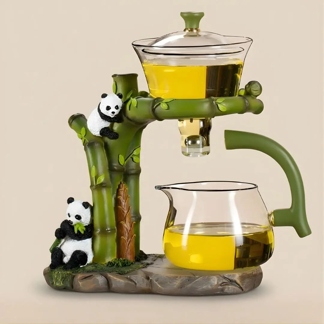 Asian inspired glass tea set with bamboo accents and panda decoration