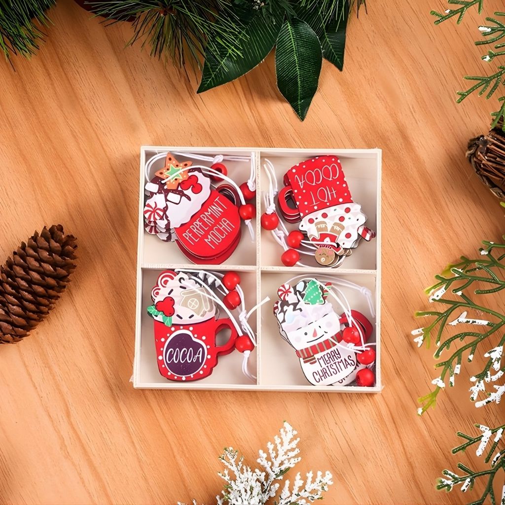 Collection of wooden gingerbread ornaments featuring cartoon expressions and festive clothing details