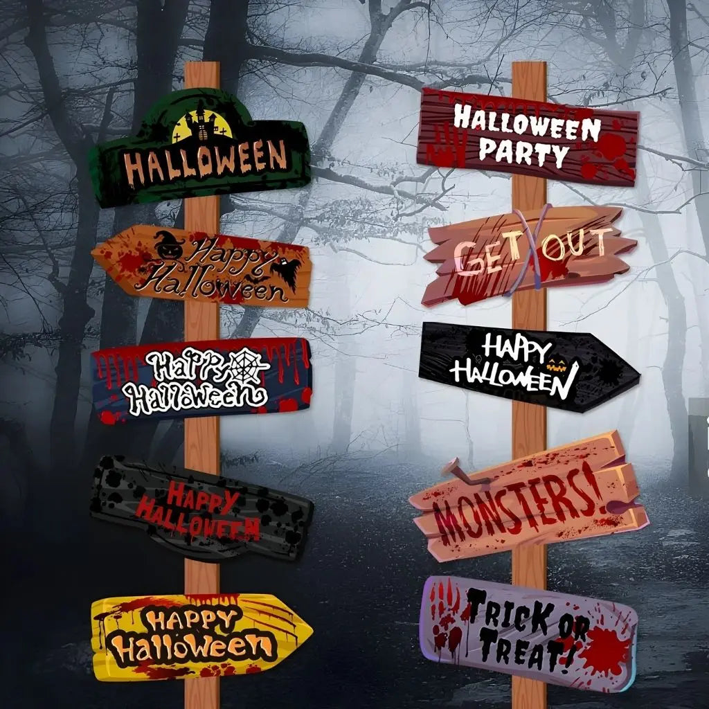 Creepy Halloween warning signs with weathered wood effect and eerie messages for haunted house entrance decor
