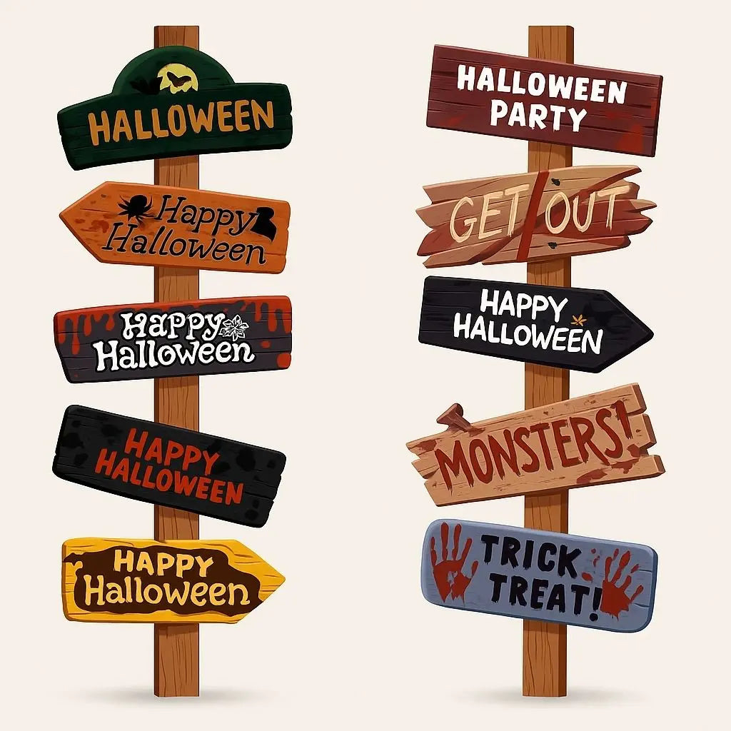 Halloween signs set with 10 spooky haunted house decorations featuring blood-splattered weathered designs for yard decor