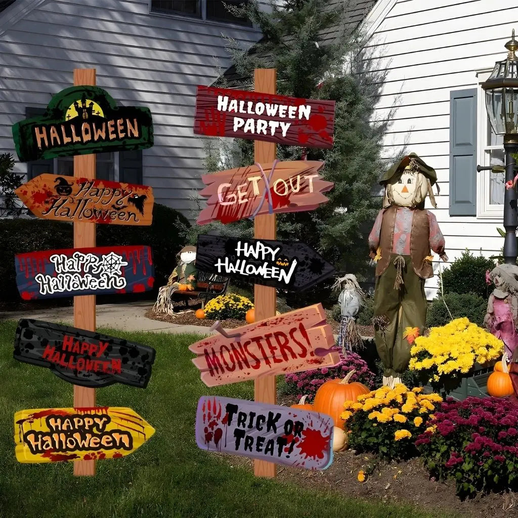Complete Halloween party signs collection showing 10 different spooky messages on rustic weathered backgrounds
