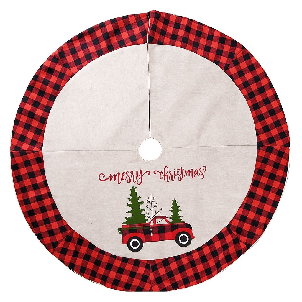 Buffalo plaid tree skirt with red border and vintage pickup truck design on linen fabric