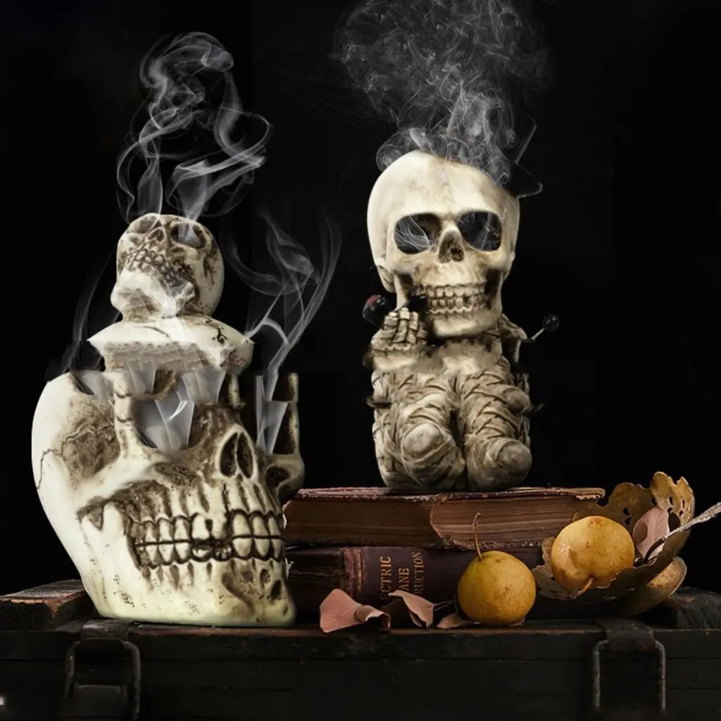 Handcrafted resin skull figurine with gothic detailing, perfect Halloween decor piece for spooky home displays