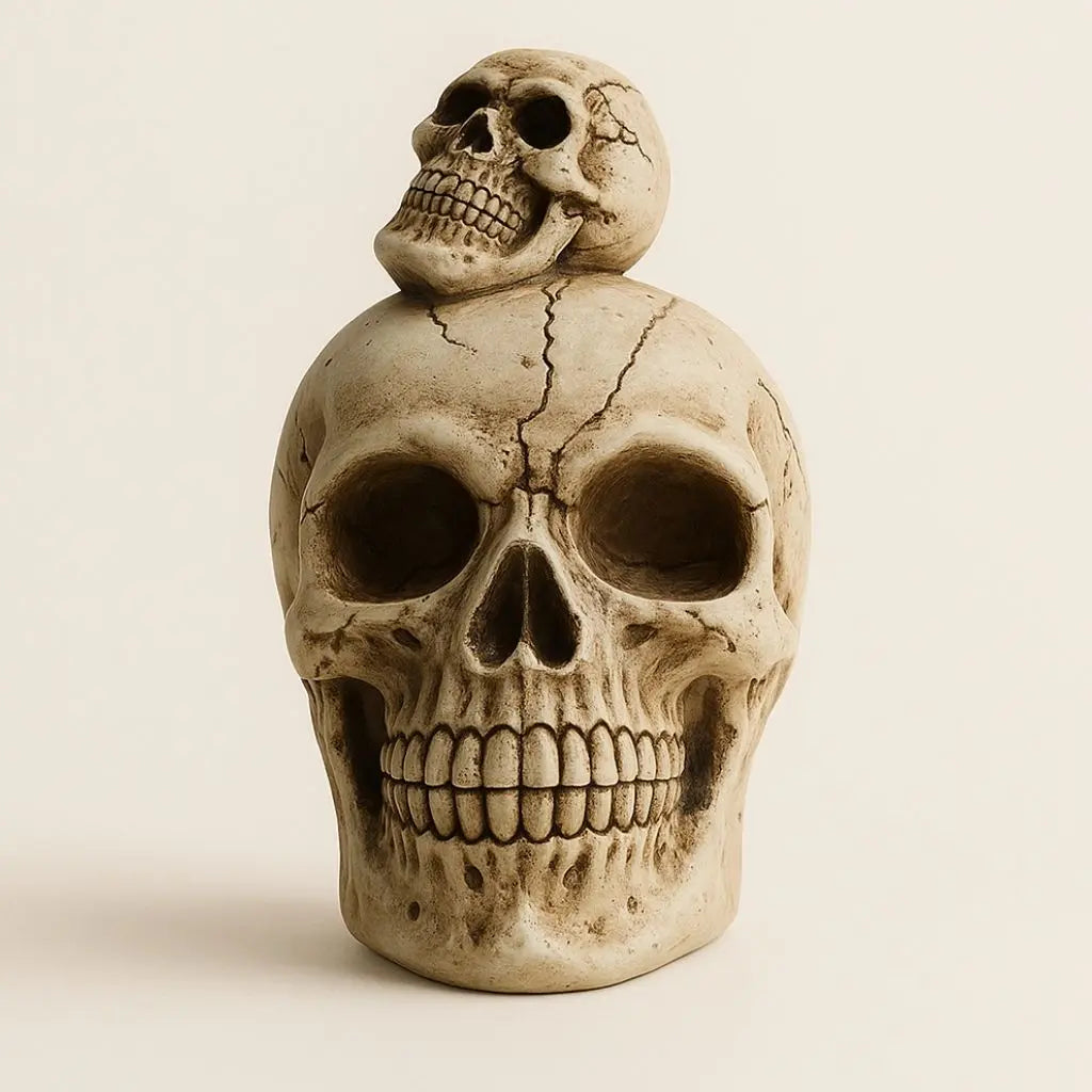 Double stacked skull figurine in detailed resin, compact Halloween ornament ideal for gothic decor displays