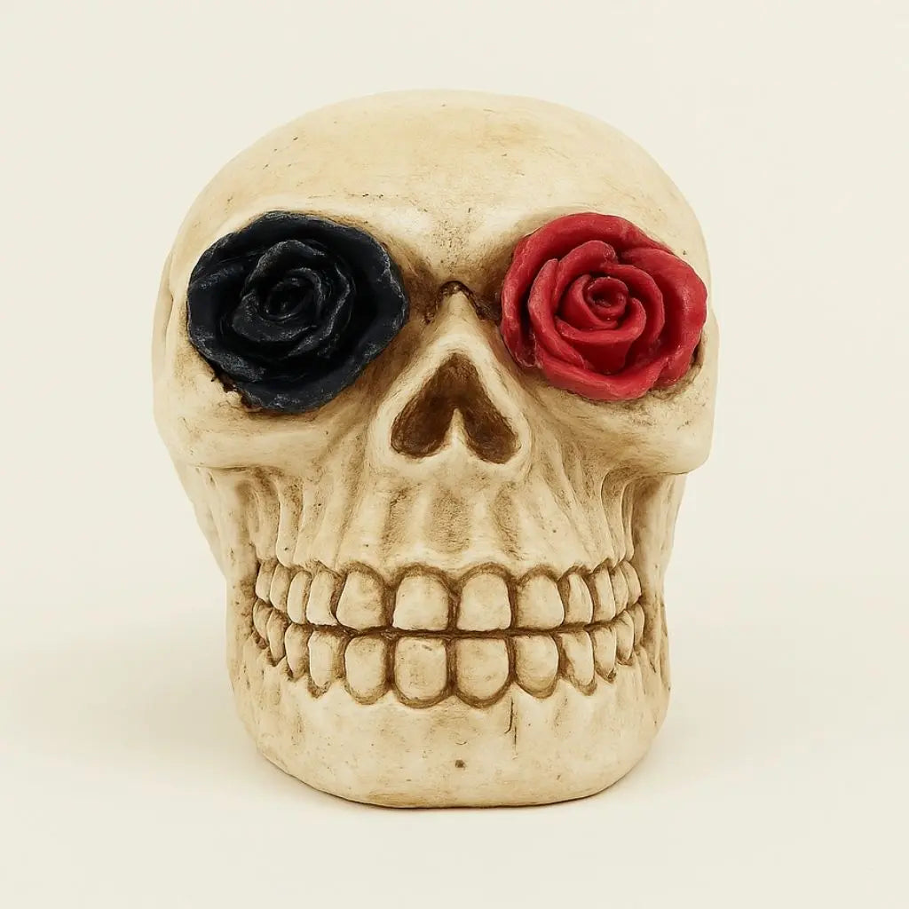 Skull figurine with black and red roses for eyes on a beige background