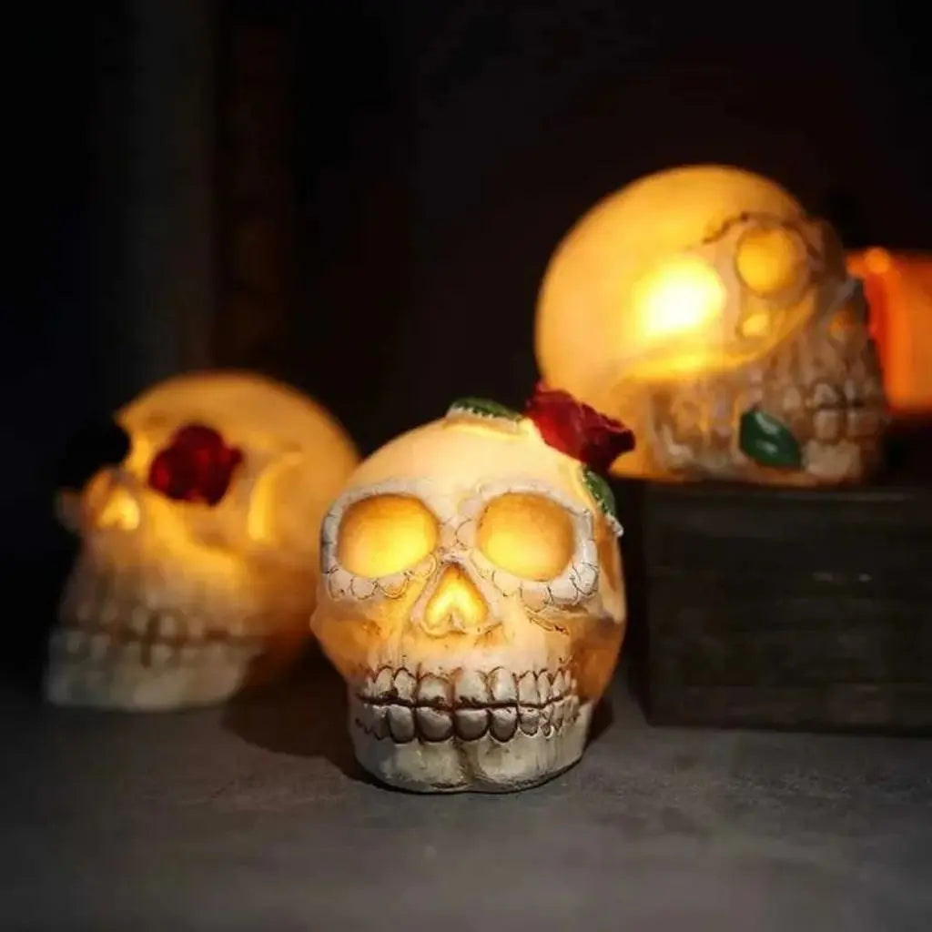 Glowing skull lamp creating eerie atmosphere with built-in LED lighting for Halloween parties