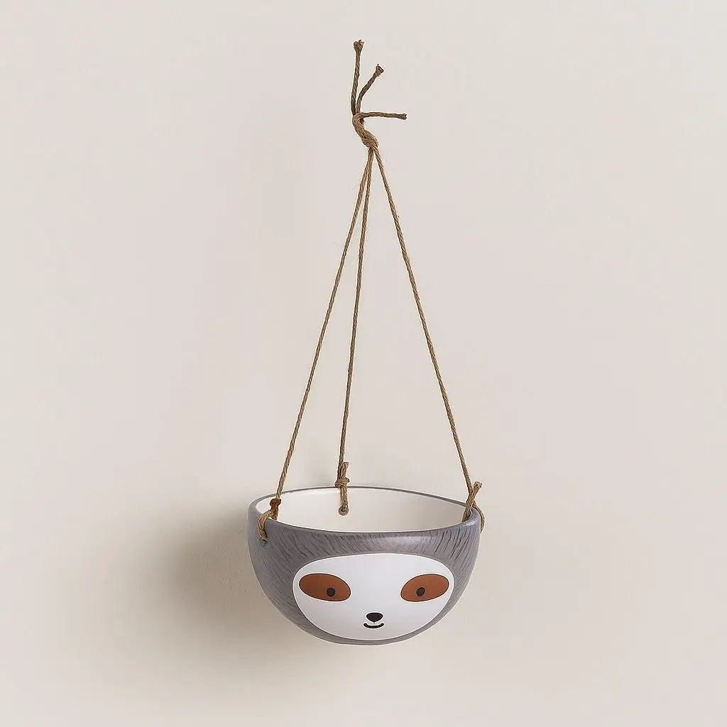 Ceramic sloth hanging planter pot for succulents - decorative indoor garden home decor with rope