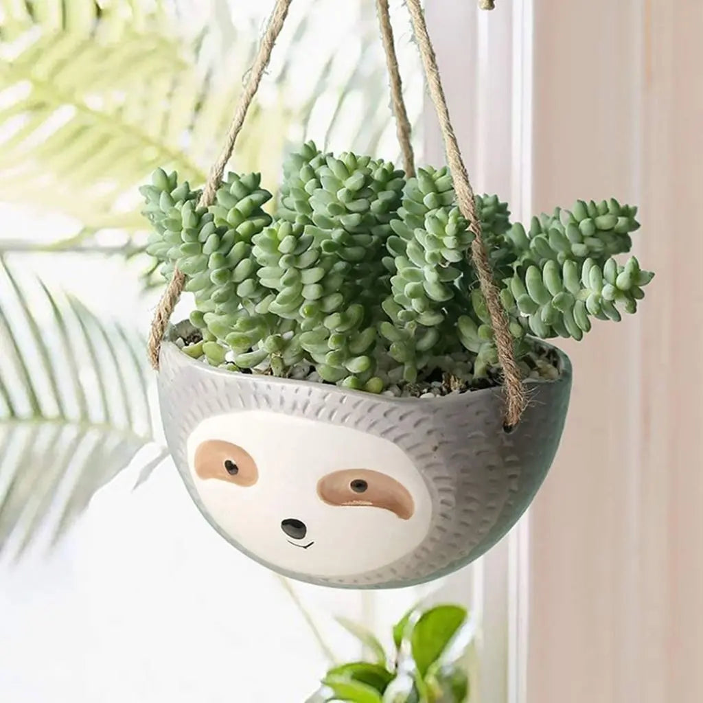 Hanging ceramic sloth planter pot - decorative succulent garden container for home decor