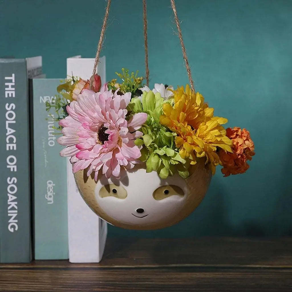 Ceramic animal hanging planter - sloth design succulent pot for indoor gardening home decor