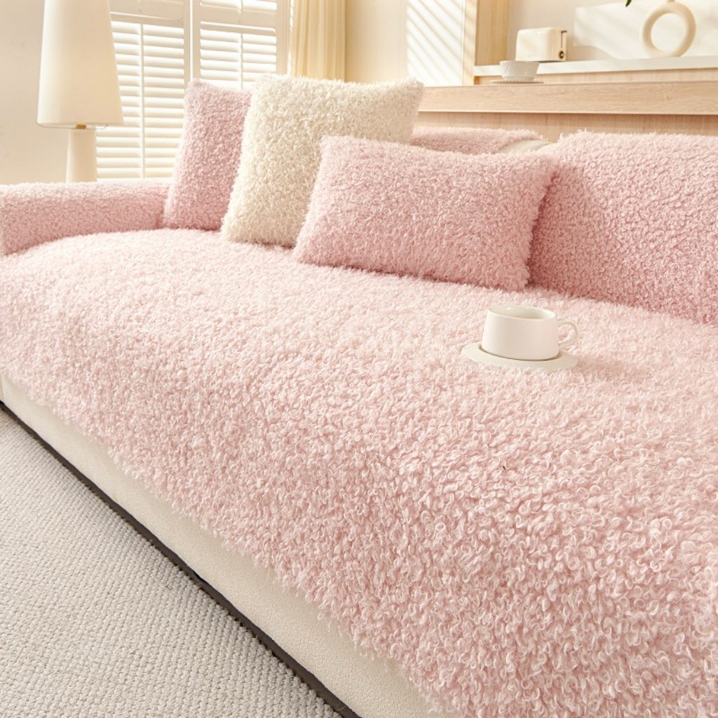 Cozy living room featuring polar fleece couch cover, soft furniture protection for winter home comfort