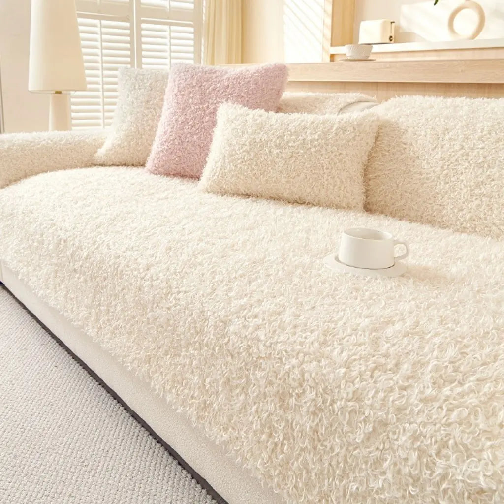 Thick plushy sofa cover in neutral tone, winter couch protector for furniture protection and warmth