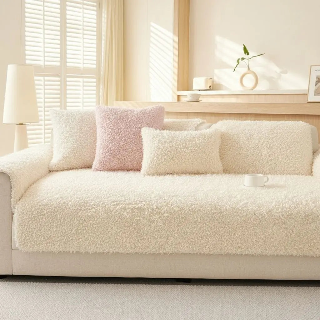 Thick plushy sofa cover in neutral tone, winter couch protector for furniture protection and warmth winter stay