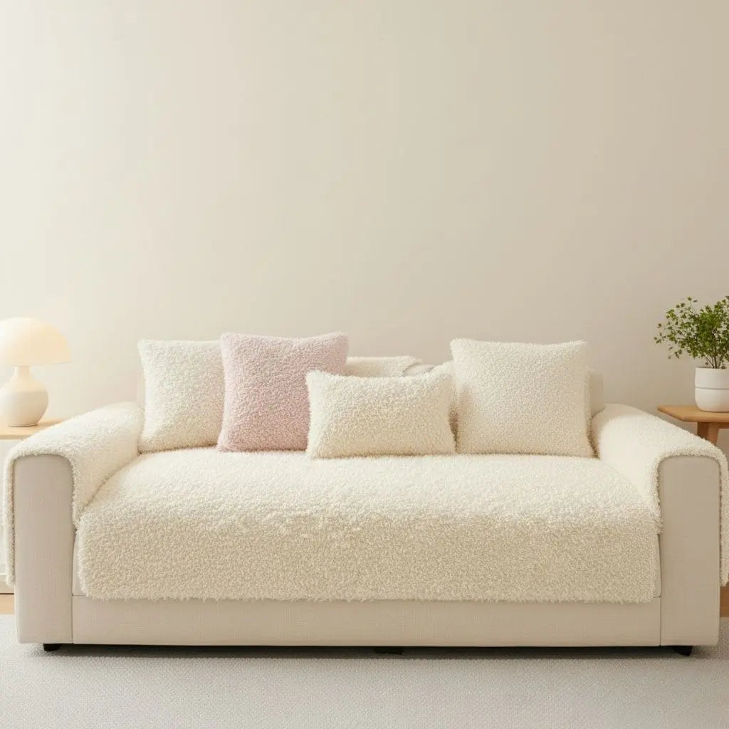 Polar fleece sofa cover showing secure fit on furniture, easy-install couch protector for home use