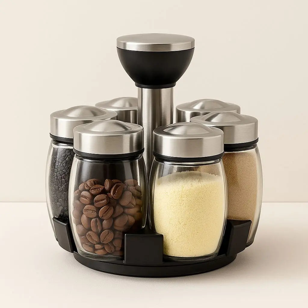 Spice rack with glass containers holding coffee beans, sugar, and other spices on a beige background