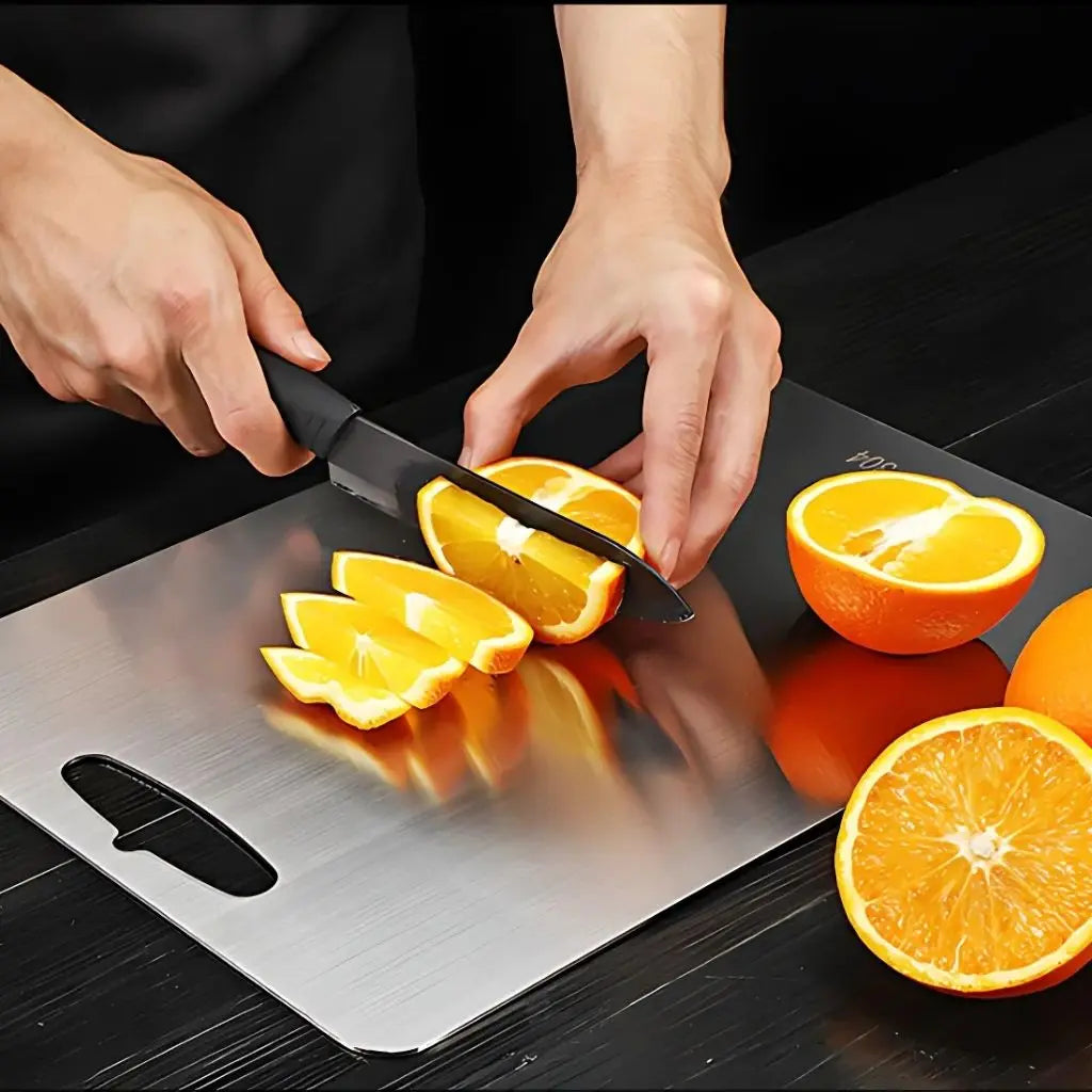 Food grade metal cutting board featuring non-porous antibacterial surface ideal for commercial kitchen use