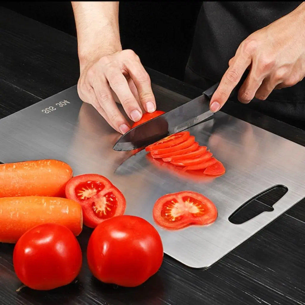 Commercial grade steel cutting surface with scratch-proof finish for hygienic food preparation tasks