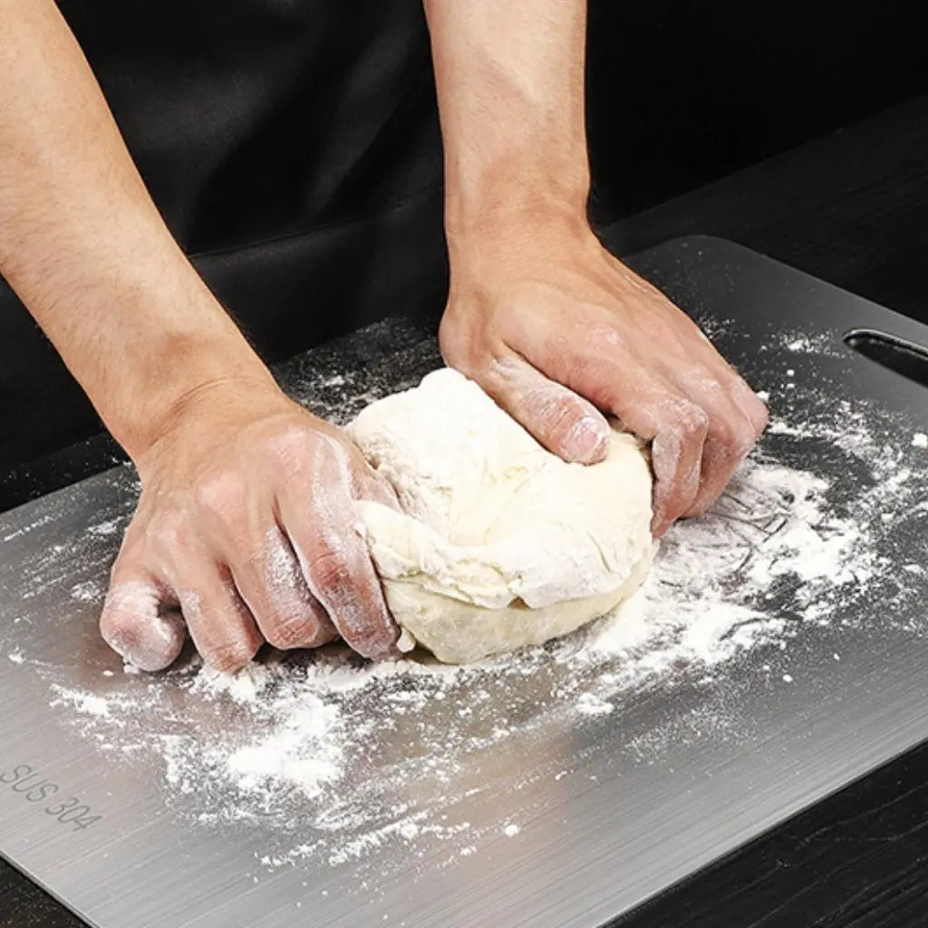 Professional 304 grade metal cutting board featuring scratch-resistant antibacterial surface for kitchens