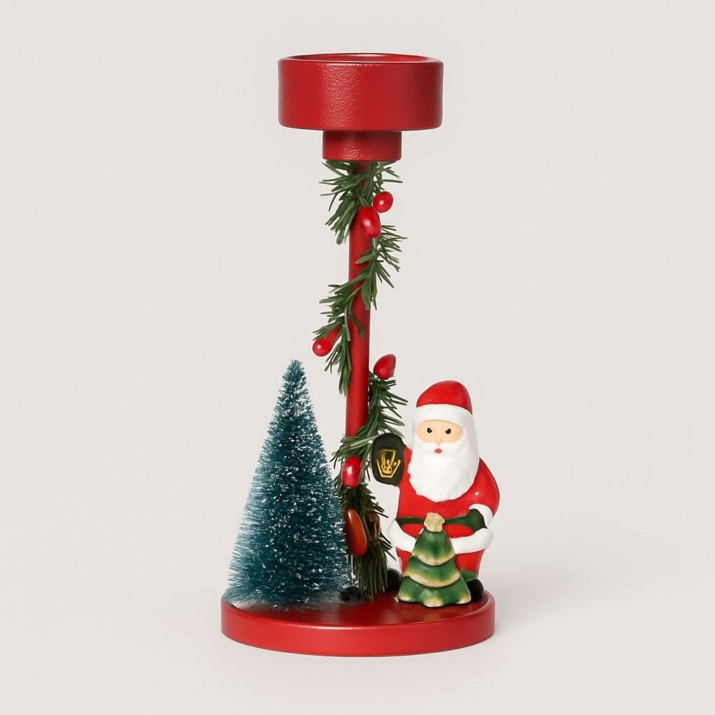 Christmas candle holder featuring miniature winter scene with tree and figurine on raised platform
