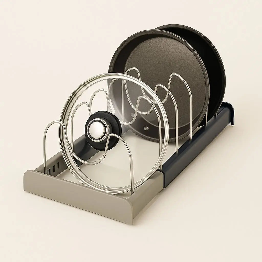 Adjustable stainless steel pot lid organizer for kitchen cabinet storage and cookware organization