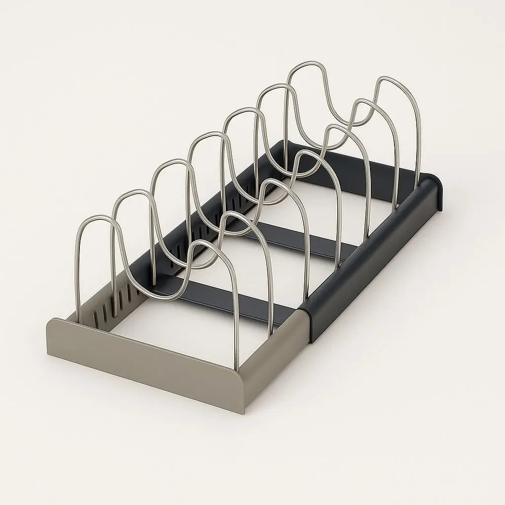 Stainless steel pot lid rack with adjustable design for efficient kitchen cabinet storage.