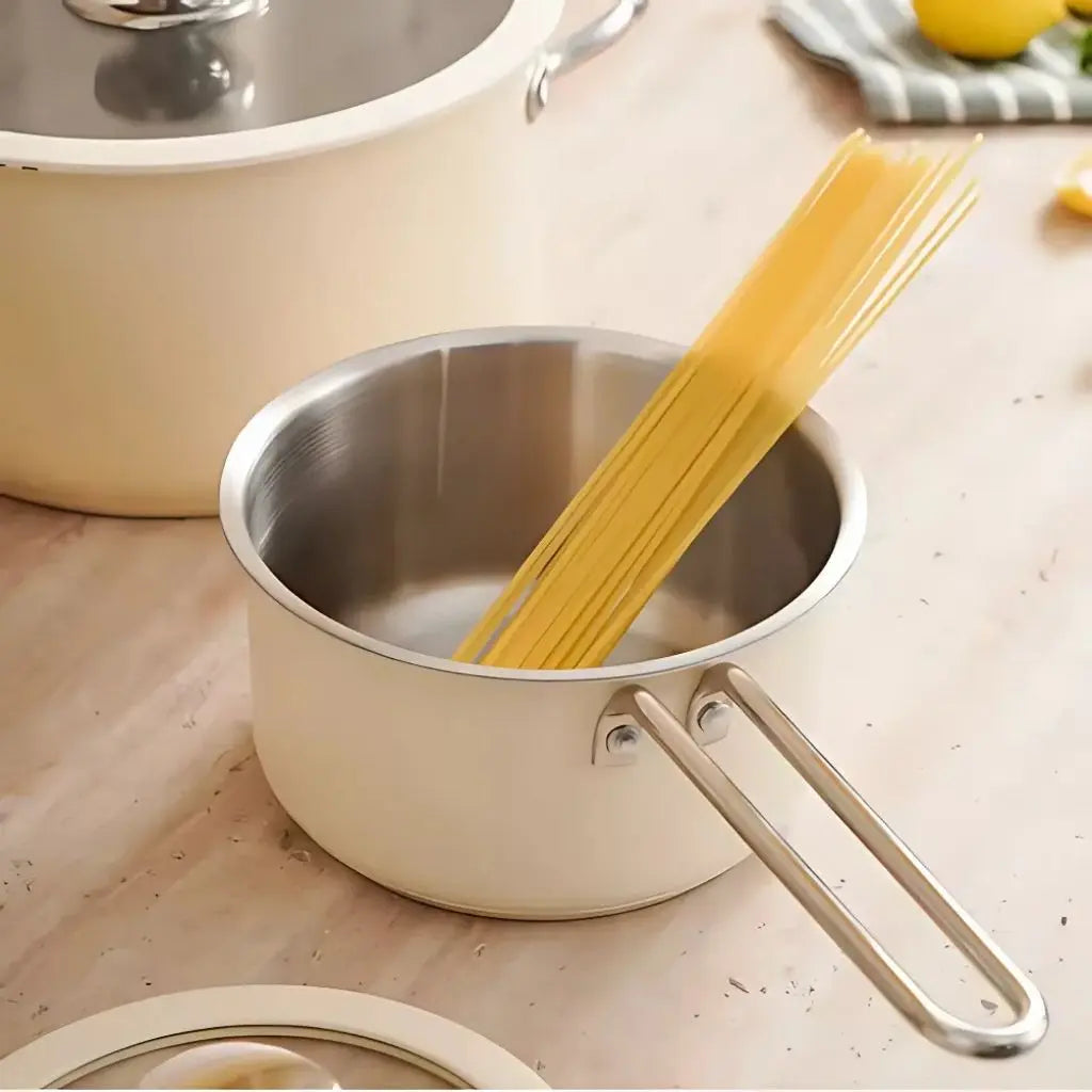 Modern ceramic-coated stainless steel cookware combining functionality with contemporary design