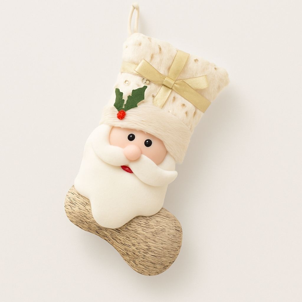 Fabric Christmas stocking flat lay view showing full shape and size