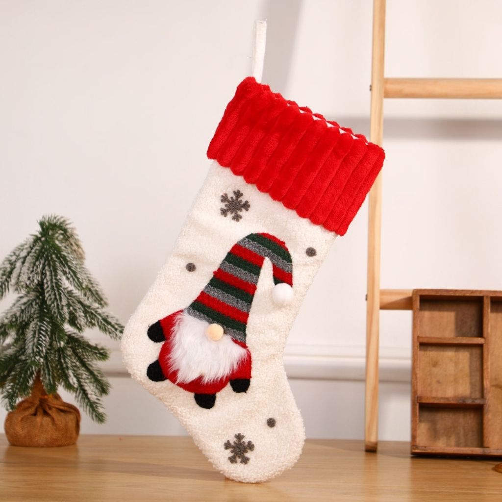 Holiday stocking hanging display with embroidered gnome and plush cuff