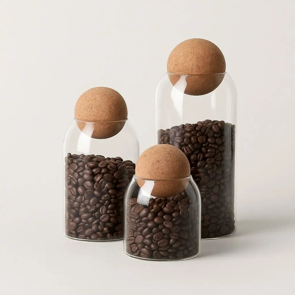 odern glass storage jars with cork lids organizing coffee, tea, and dry goods in kitchen setting