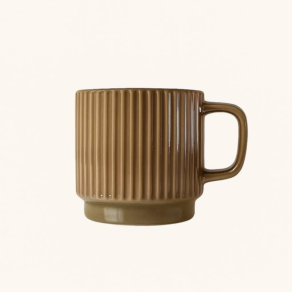 Ceramic mug with ribbed stripe texture and natural base finish, handcrafted pottery cup for coffee and tea