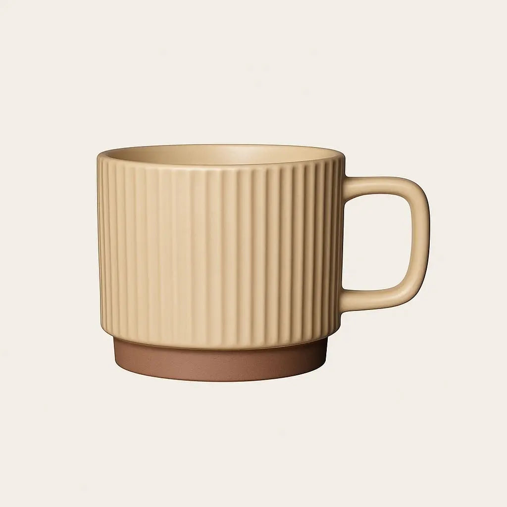 Striped pottery cup showcasing textured ceramic surface with earthy natural tones for modern home use