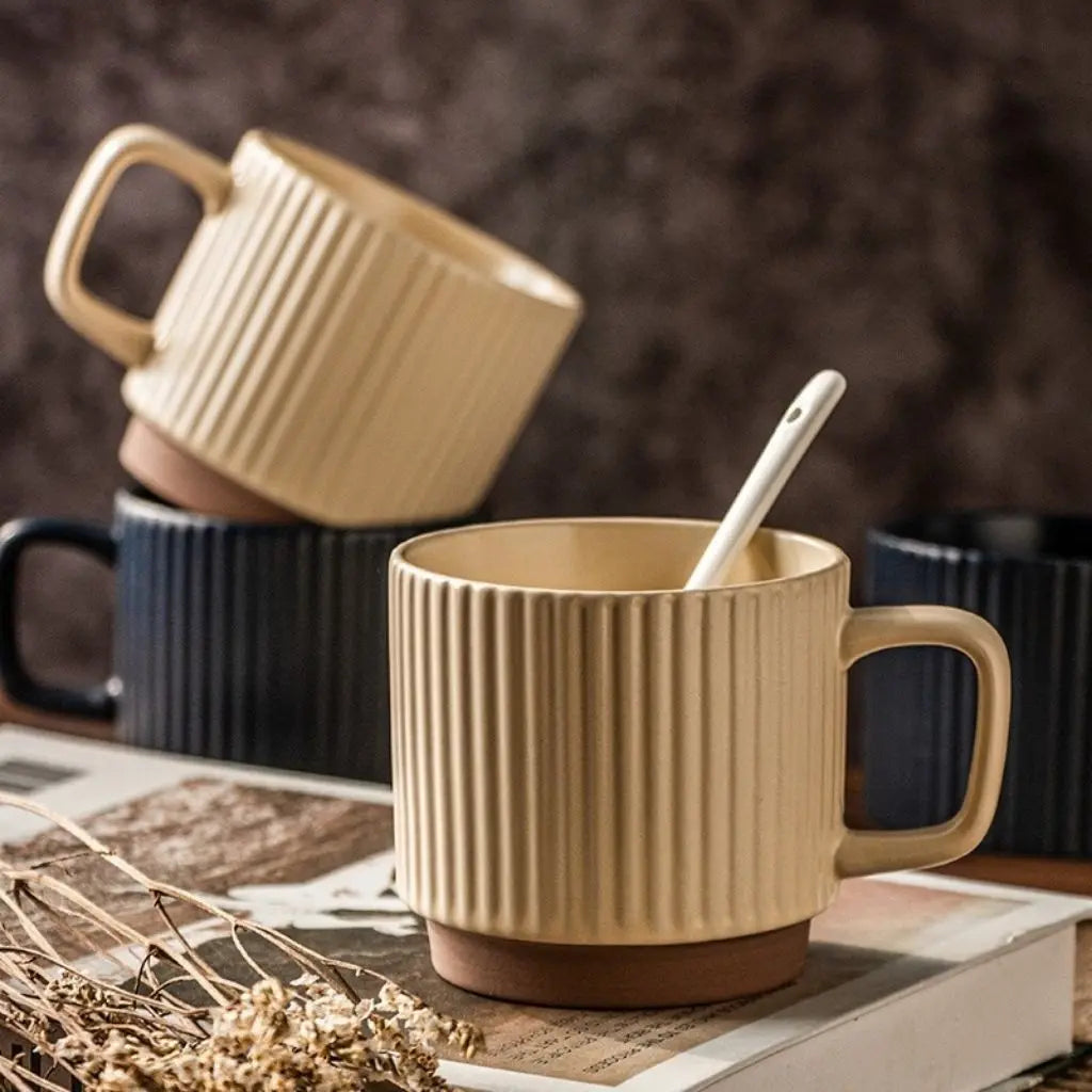 Kiln-baked ceramic cup with textured striped surface, durable pottery construction for modern kitchens